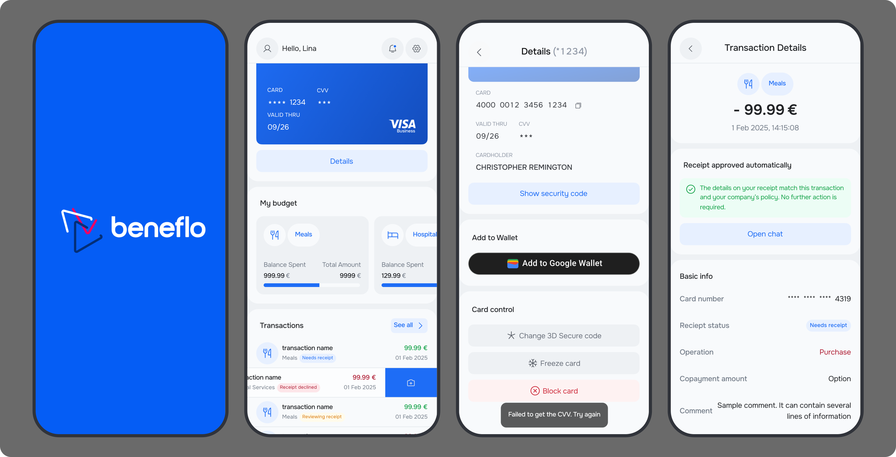 beneflo mobile app: card, budget and transaction details