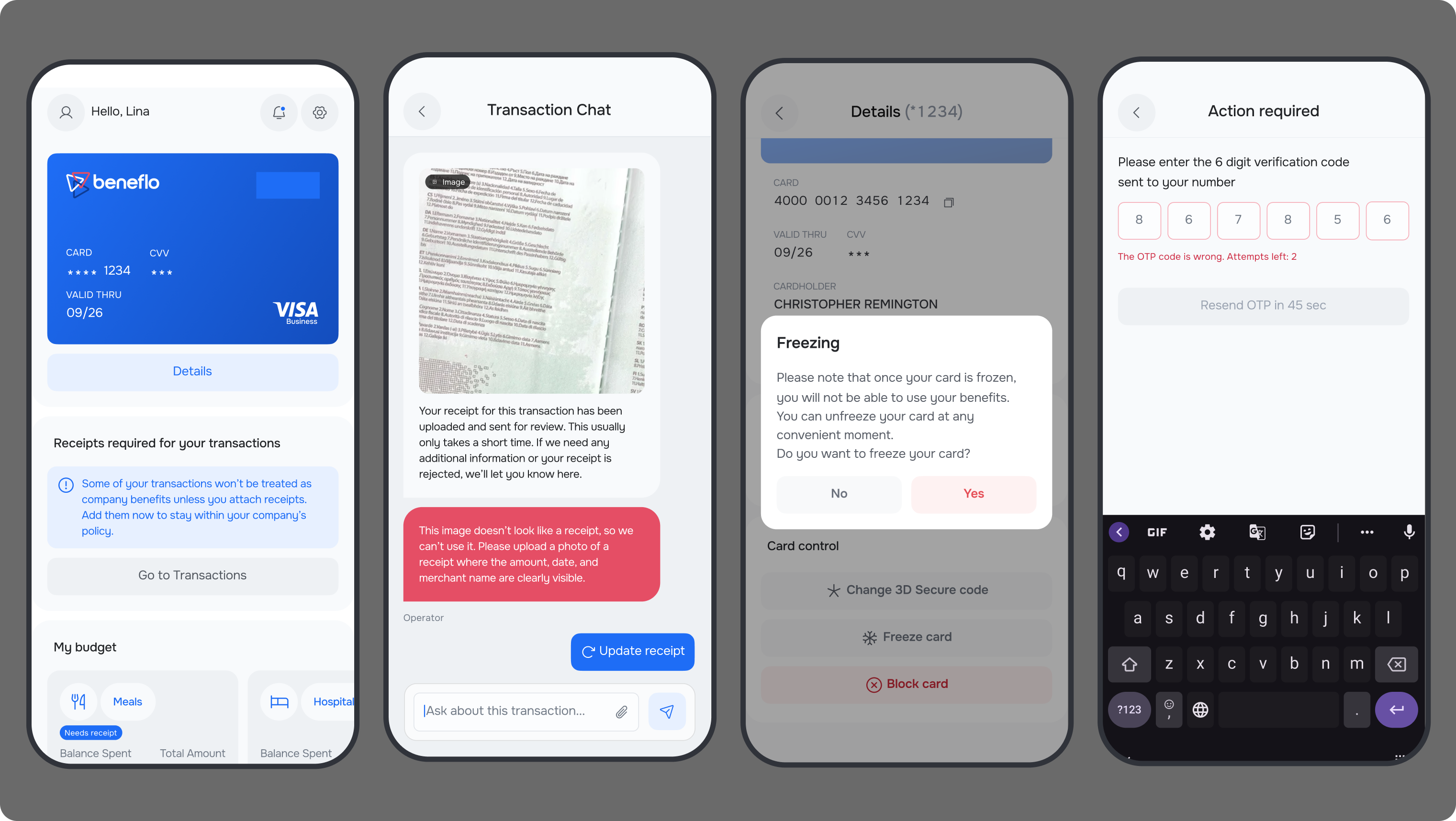Beneflo states and dialogs: receipt-required alert, transaction chat with a rejected document, card-freeze confirmation, OTP entry with an error