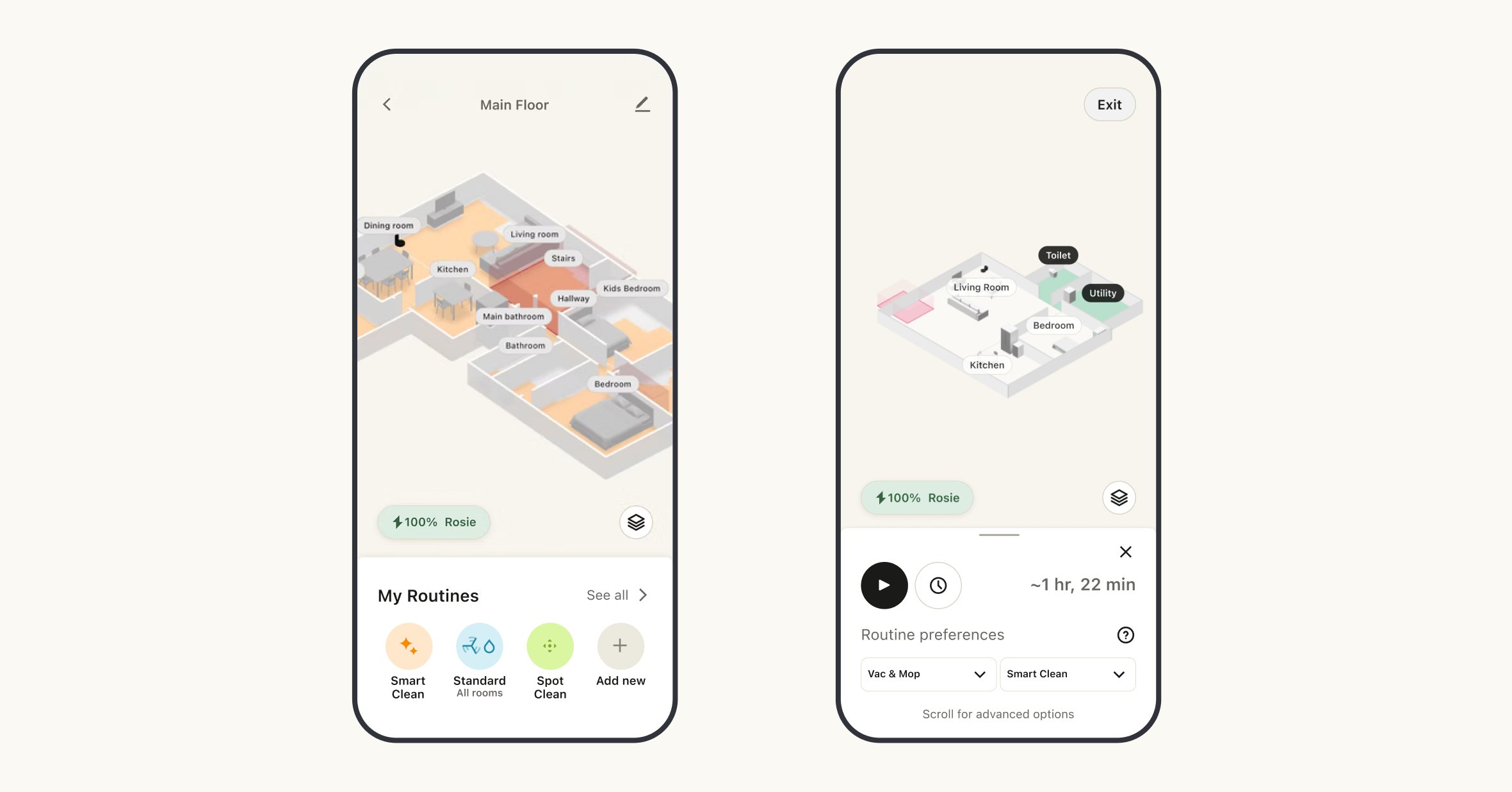 Map-first interface: tap a room to open the cleaning panel with time, mode and start controls